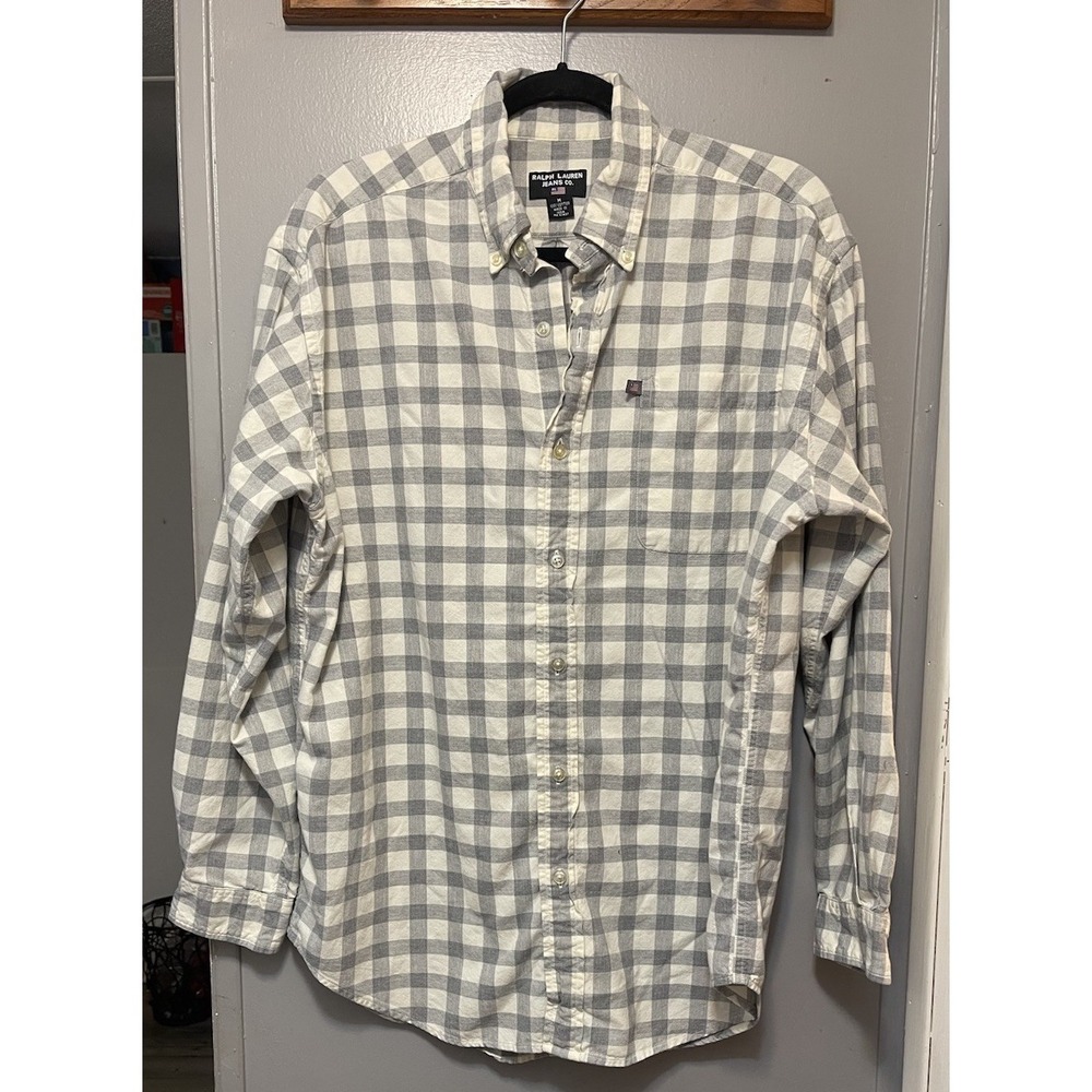 Ralph Lauren Jeans Co Men's Gray/white Long Sleeve button up Shirt Size Medium